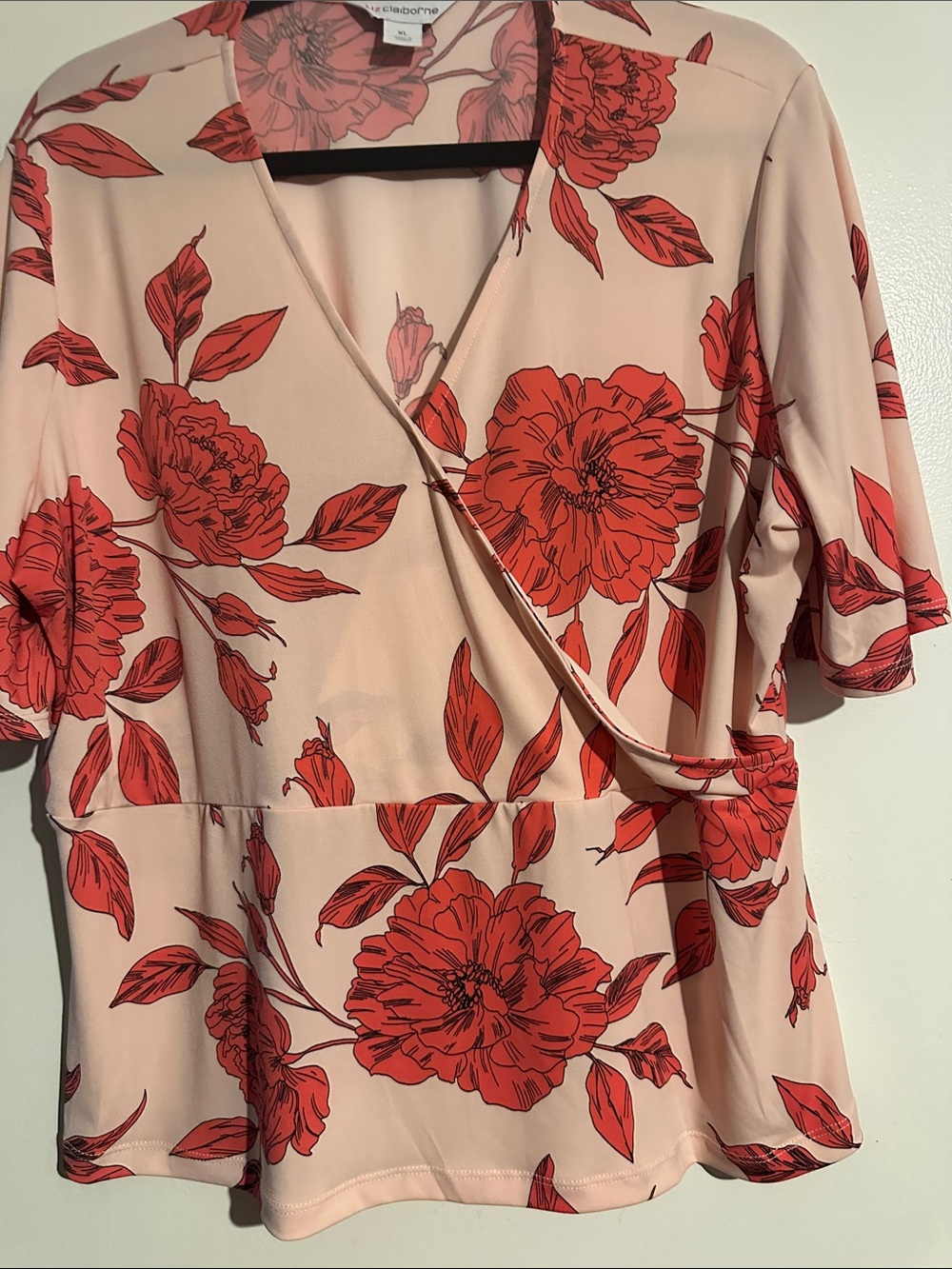 Liz Claiborne Blush Wrap-Style Top with Red Floral Print